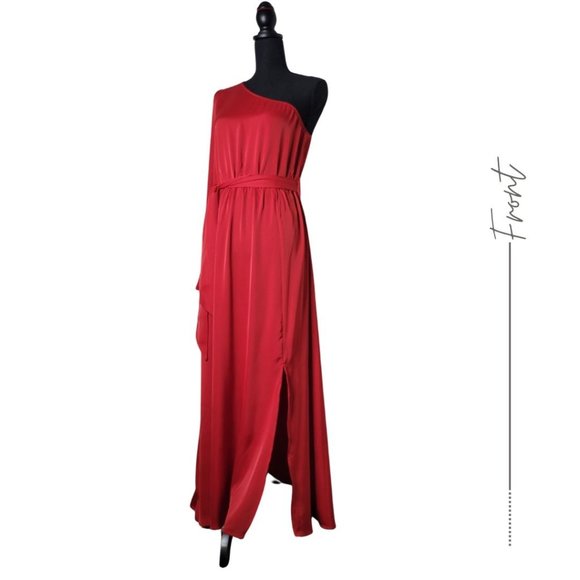 COPY - WOMEN'S SATIN ELEGANT OCCASION CHERRY RED MAXI DRESS ASYMMETRICAL - Picture 3 of 11